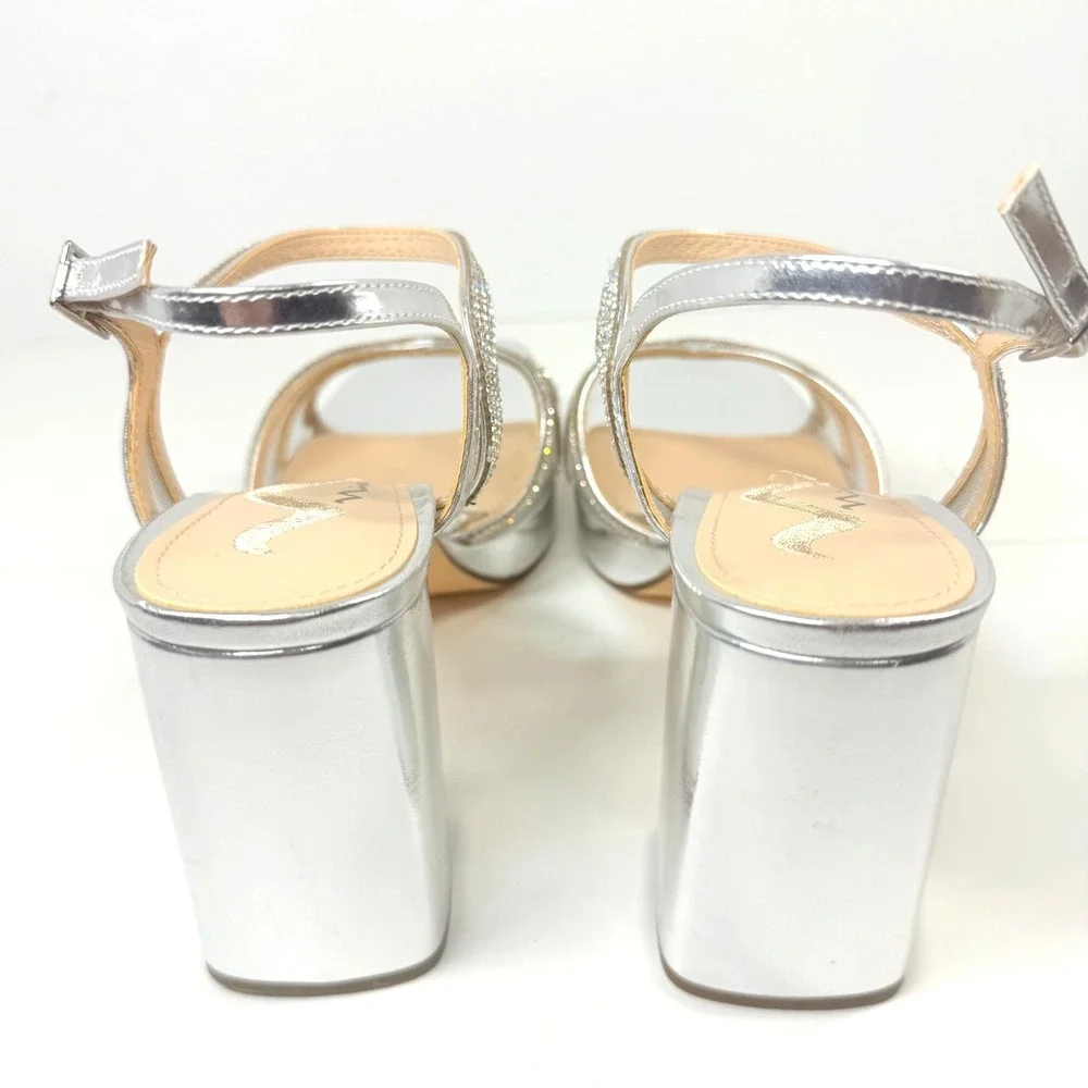 Nina Platform Sandals Women 9.5M Silver Rhinestone Block Heel Dress Shoes - Picture 3 of 9